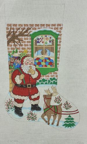 santa signaling ssh to reindeer outside kid window Christmas needlepoint stocking design