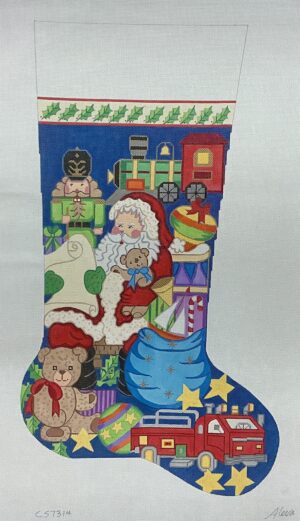 stocking Santa Claus looking at list surrounded by gifts for boy Alexa needlepoint design