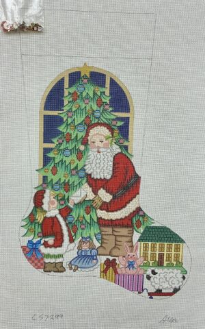 stocking Santa receiving letter from little girl by Christmas tree Alexa needlepoint design